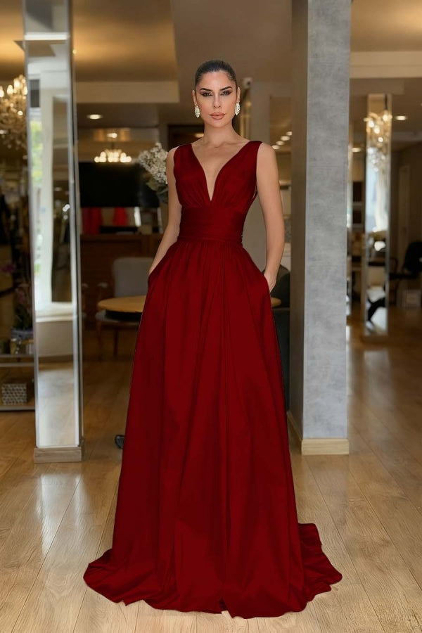 Satin Aline Evening Dress Sleeveless V-neck Prom Dress with Pockets