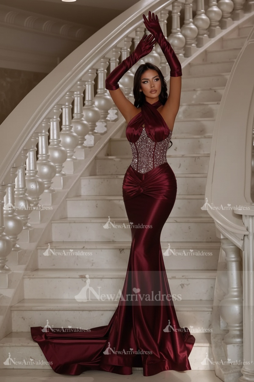 Halter Shiny Ruched Satin Mermaid Prom Dress Crystals Floor Length Evening Dress