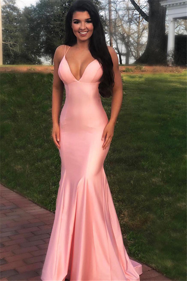 Pink Elegant Spaghetti Straps Criss Cross Mermaid Prom Dresses-newarrivaldress