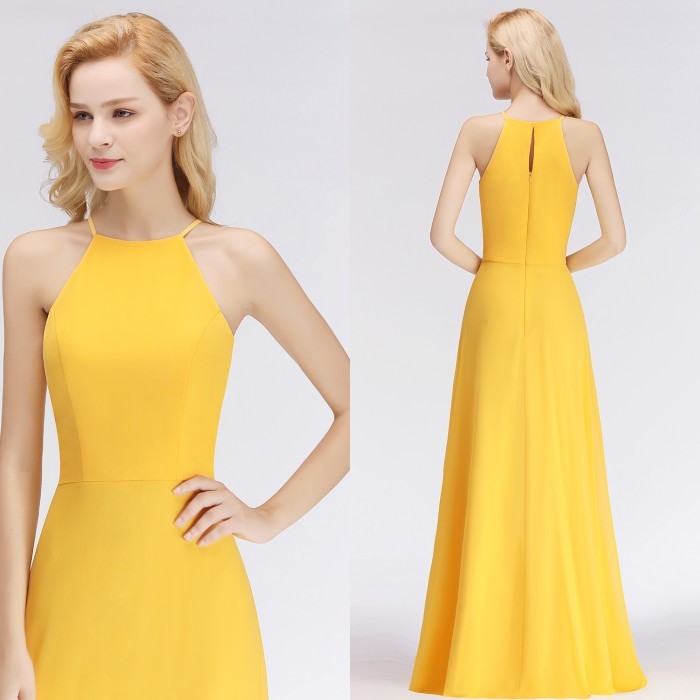 Sleeveless Fashion Chiffon Sheath Yellow Long Bridesmaids Dresses-newarrivaldress