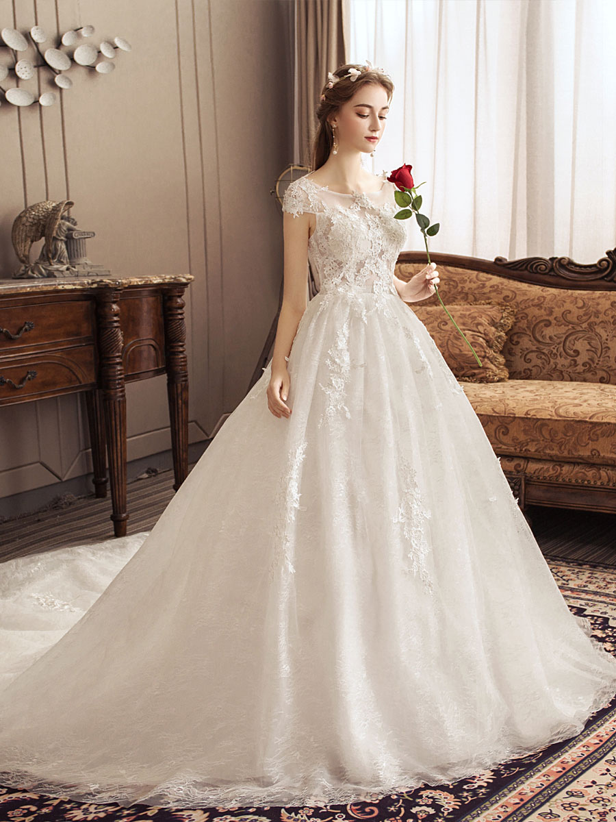 Lace Wedding Dresses Princess Bridal Gown Ivory Jewel Neck Short Sleeve Bridal Dress With Train-newarrivaldress