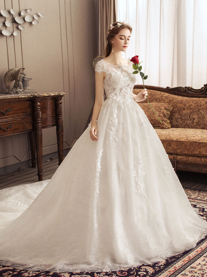Lace Wedding Dresses Princess Bridal Gown Ivory Jewel Neck Short Sleeve Bridal Dress With Train-newarrivaldress