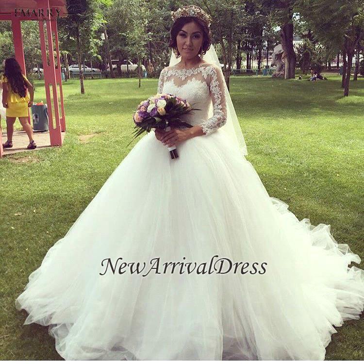 Elegant Long Sleeve Online Princess Lace Appliques Glamorous Ball Gown Wedding Dresses-newarrivaldress