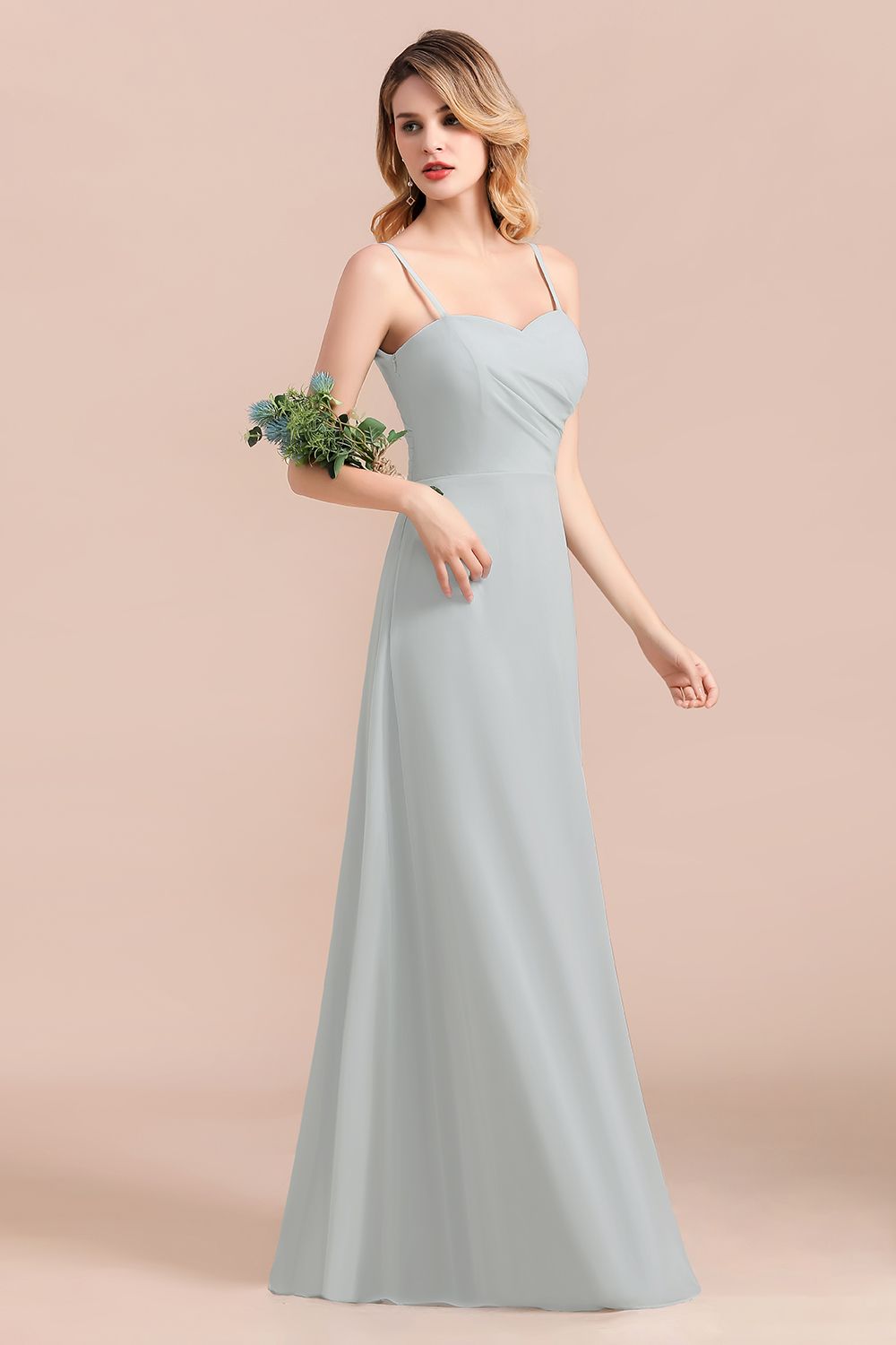Spaghetti Straps Sweetheart Silver Bridesmaid Dresses Long Chiffon Wedding Guest Dress-newarrivaldress