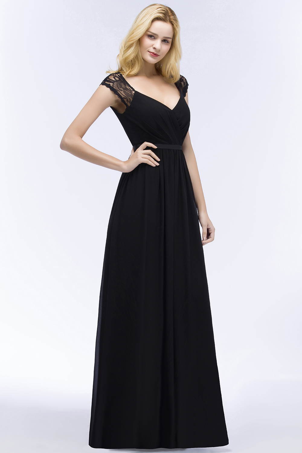 ROSALIA | A-line V-neck Floor Length Lace Chiffon Bridesmaid Dresses with Sash-newarrivaldress
