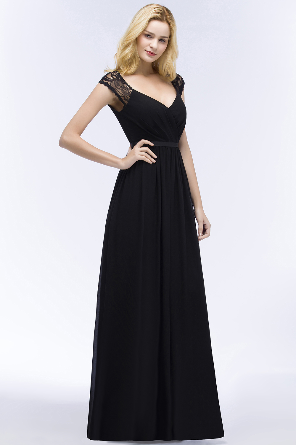 ROSALIA | A-line V-neck Floor Length Lace Chiffon Bridesmaid Dresses with Sash-newarrivaldress