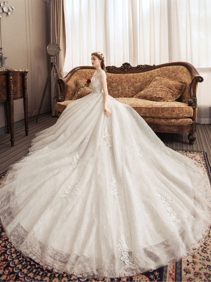 Lace Wedding Dresses Princess Bridal Gown Ivory Jewel Neck Short Sleeve Bridal Dress With Train-newarrivaldress