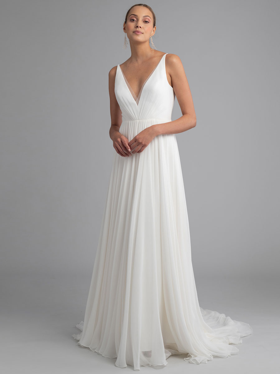 White Simple Wedding Dress Chiffon V-Neck Sleeveless A-Line Backless Natural Waist Long Bridal Dresses-newarrivaldress