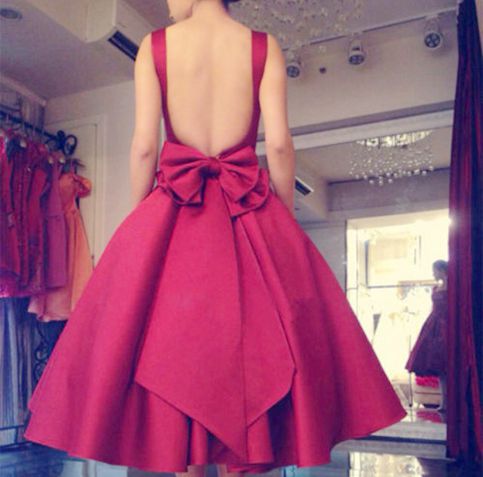 Red Backless Tea-Length Short Prom Dresses with Bowknot-newarrivaldress