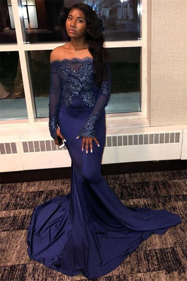 Navy Blue Appliques Long Sleeveless Prom Dresses | Sexy Off The Shoulder Mermaid Evening Gowns-newarrivaldress