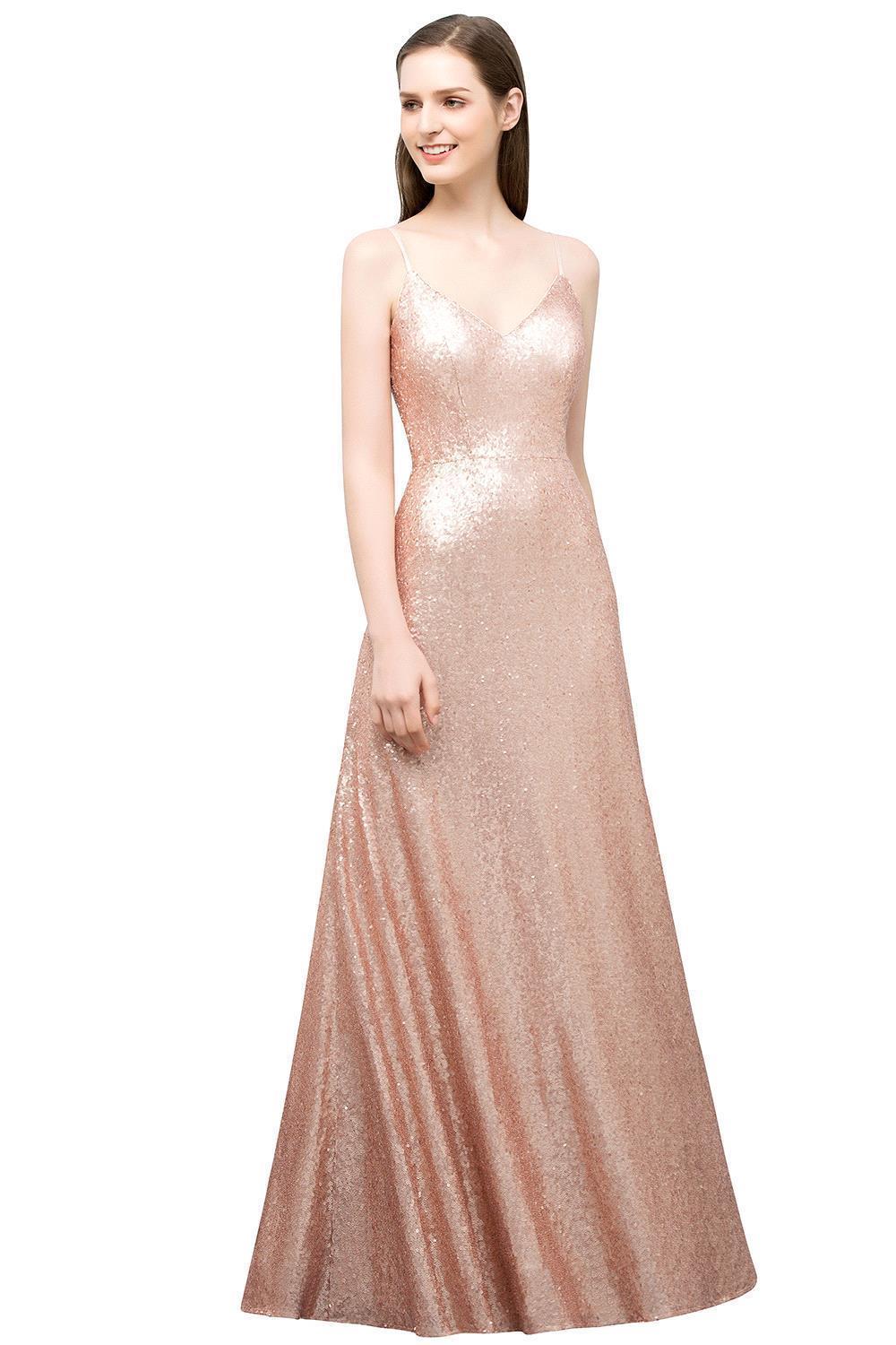 JOSLYN | A-line Floor Length V-neck Spaghetti Sequined Prom Dresses-newarrivaldress
