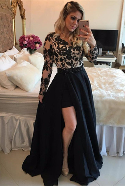 Sexy Black Long Sleeve Evening Dress | 2021 Lace Prom Dress-newarrivaldress
