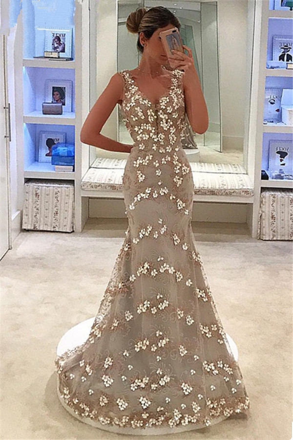 Mermaid Appliques Sleeveless Straps V-Neck Long Prom Dress-newarrivaldress