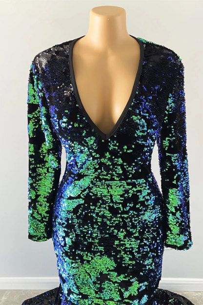 Dark Green Sequined Mermaid Prom Dres with Sleeves V-Neck Party Gown-newarrivaldress