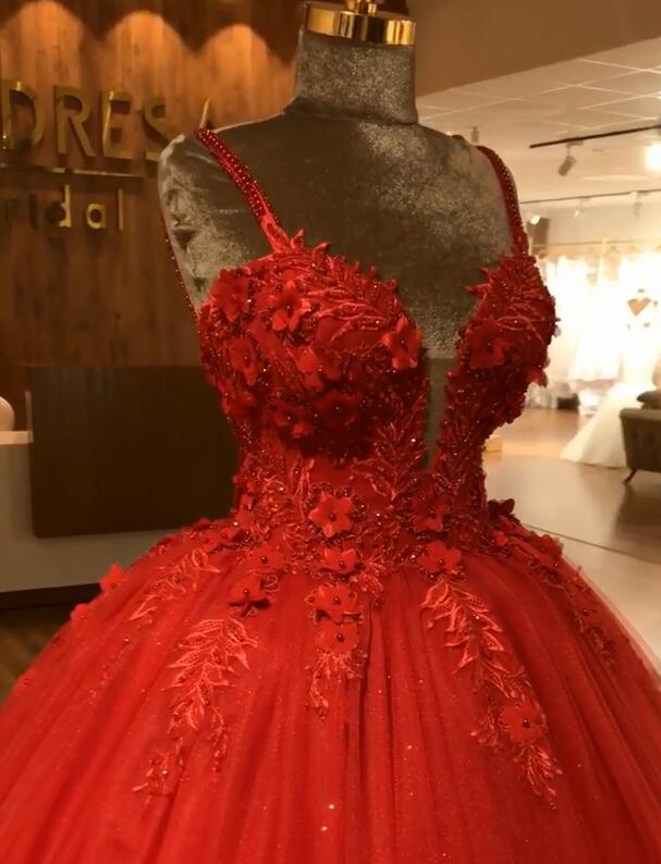 Red Straps Sleeveless Ball Gown Appliques Open Back Prom Dresses with Beading-newarrivaldress