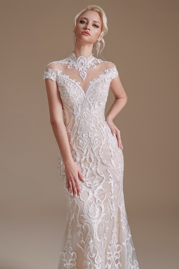 Cap Sleeves Mermaid Wedding Dress High Neck Floral Lace Bidal Dress-newarrivaldress