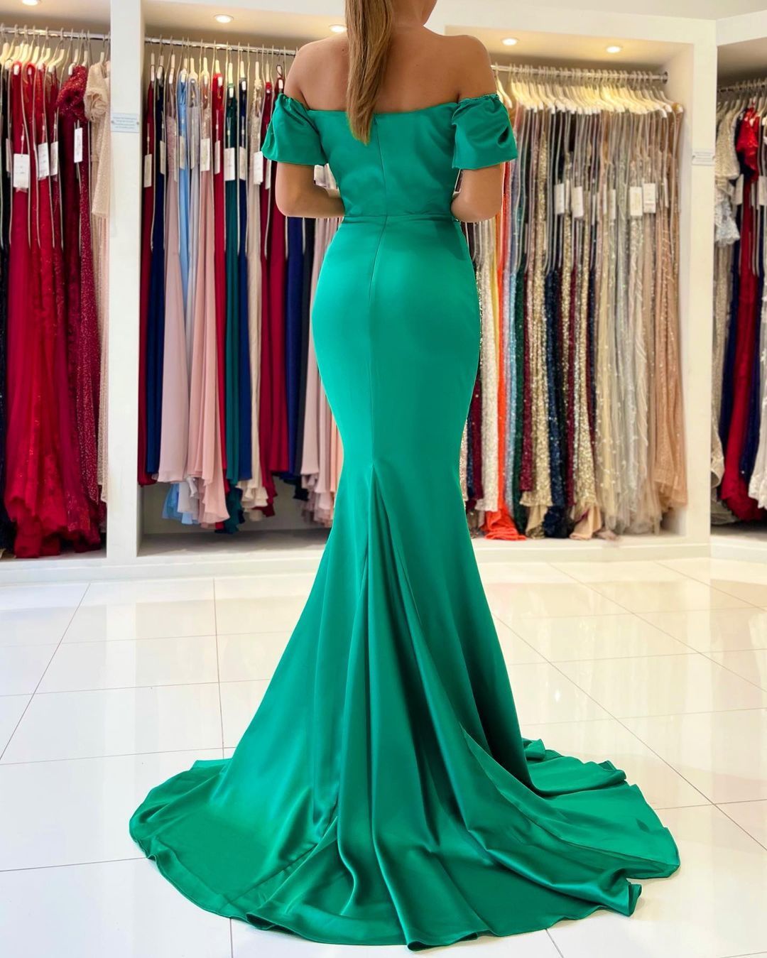 Off the Shoulder Satin Ruffle Slim Mermaid Evening Gown-newarrivaldress