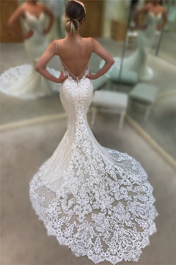 Backless Mermaid Lace Wedding Dresses 2021 | Spaghetti Straps Sequins Sexy Bridal Gowns-newarrivaldress