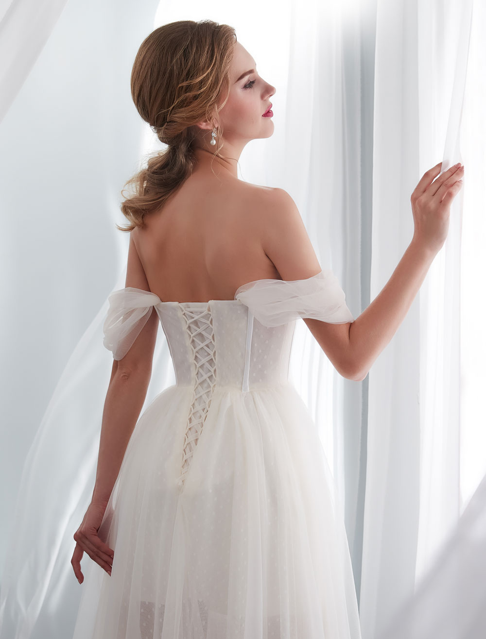 Wedding Dresses Tulle Ivory Off The Shoulder Sweetheart Beach Bridal Dress With Train-newarrivaldress