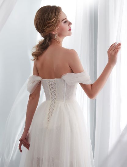Wedding Dresses Tulle Ivory Off The Shoulder Sweetheart Beach Bridal Dress With Train-newarrivaldress