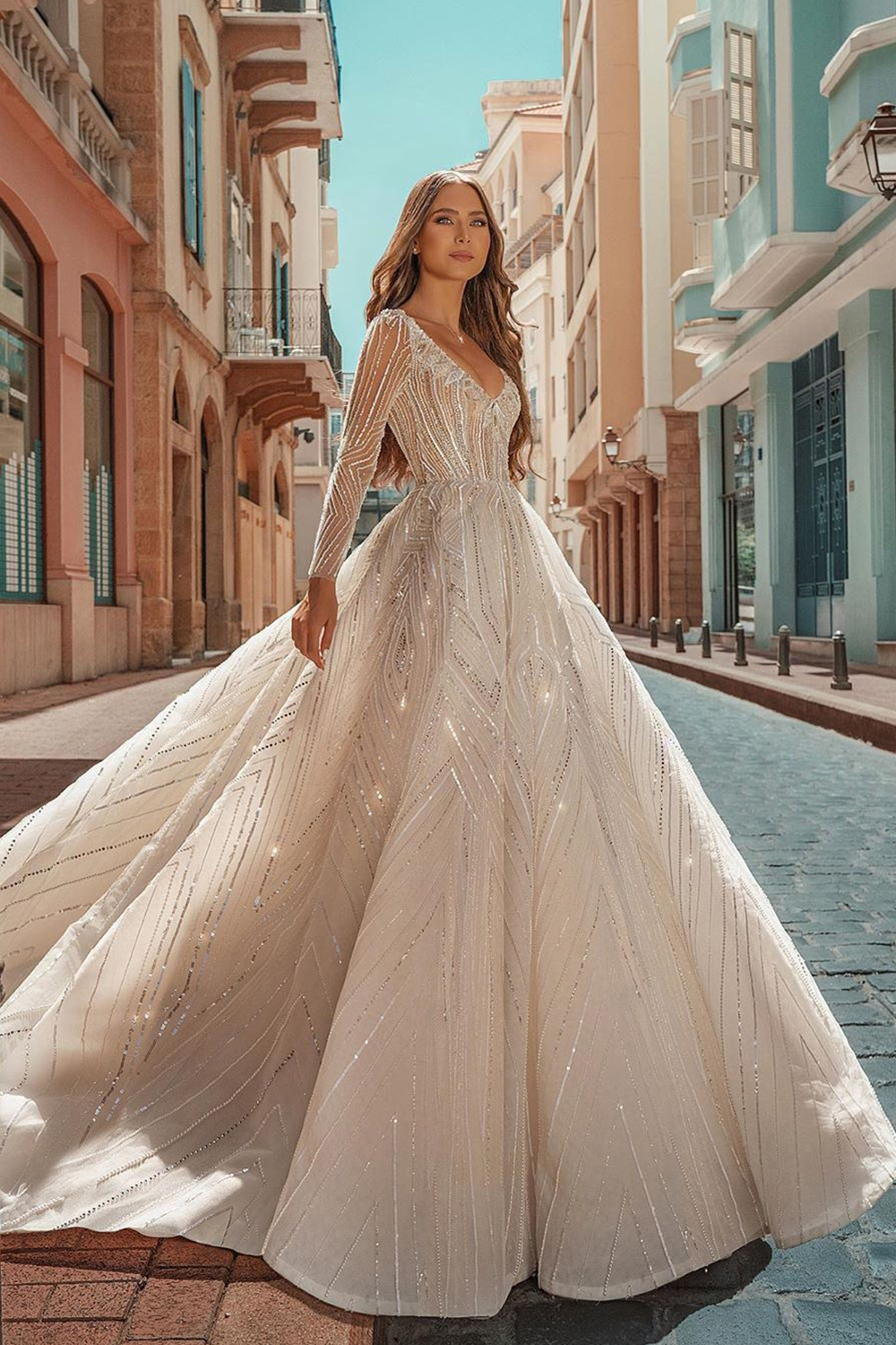 Crystal Beads Long Sleeve Backless Ball Gown Wedding Dresses-newarrivaldress