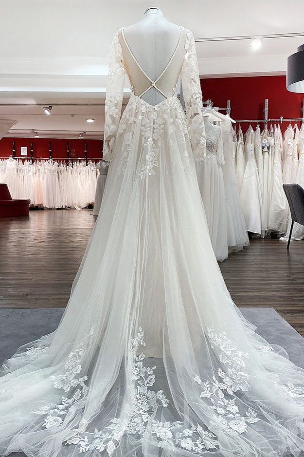 Romantic White Long Sleeves Wedding Dress Floral Lace Aline Bridal Dress-newarrivaldress