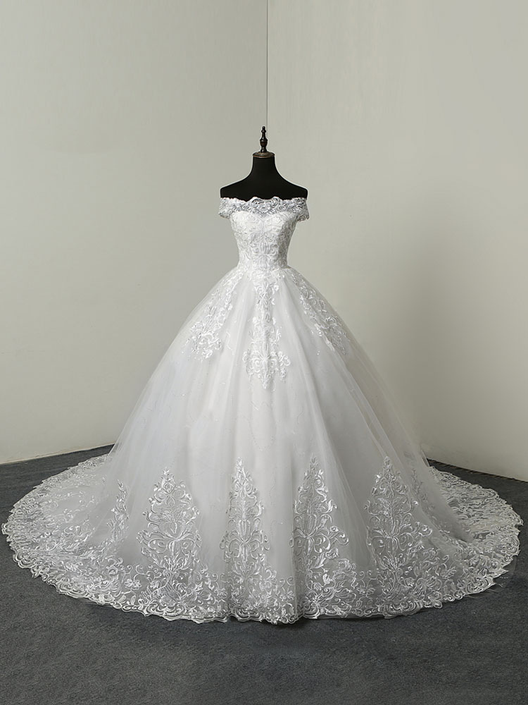 Wedding Dresses 2021 Ball Gown Off The Shoulder Short Sleeve Natural Waist Lace Applique Tulle Bridal Dress-newarrivaldress