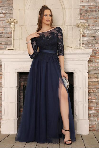 NANA | A-line Half Sleeves Floor Length Slit Appliqued Tulle Prom Dresses with Sash-newarrivaldress