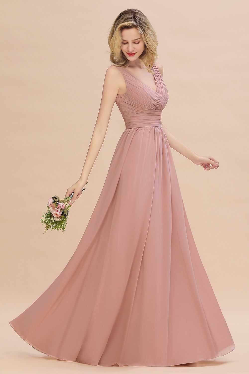 Elegant Dusty Rose Ruffle Chiffon Bridesmaid Dress Aline Sleeveless Wedding Party Dress-newarrivaldress