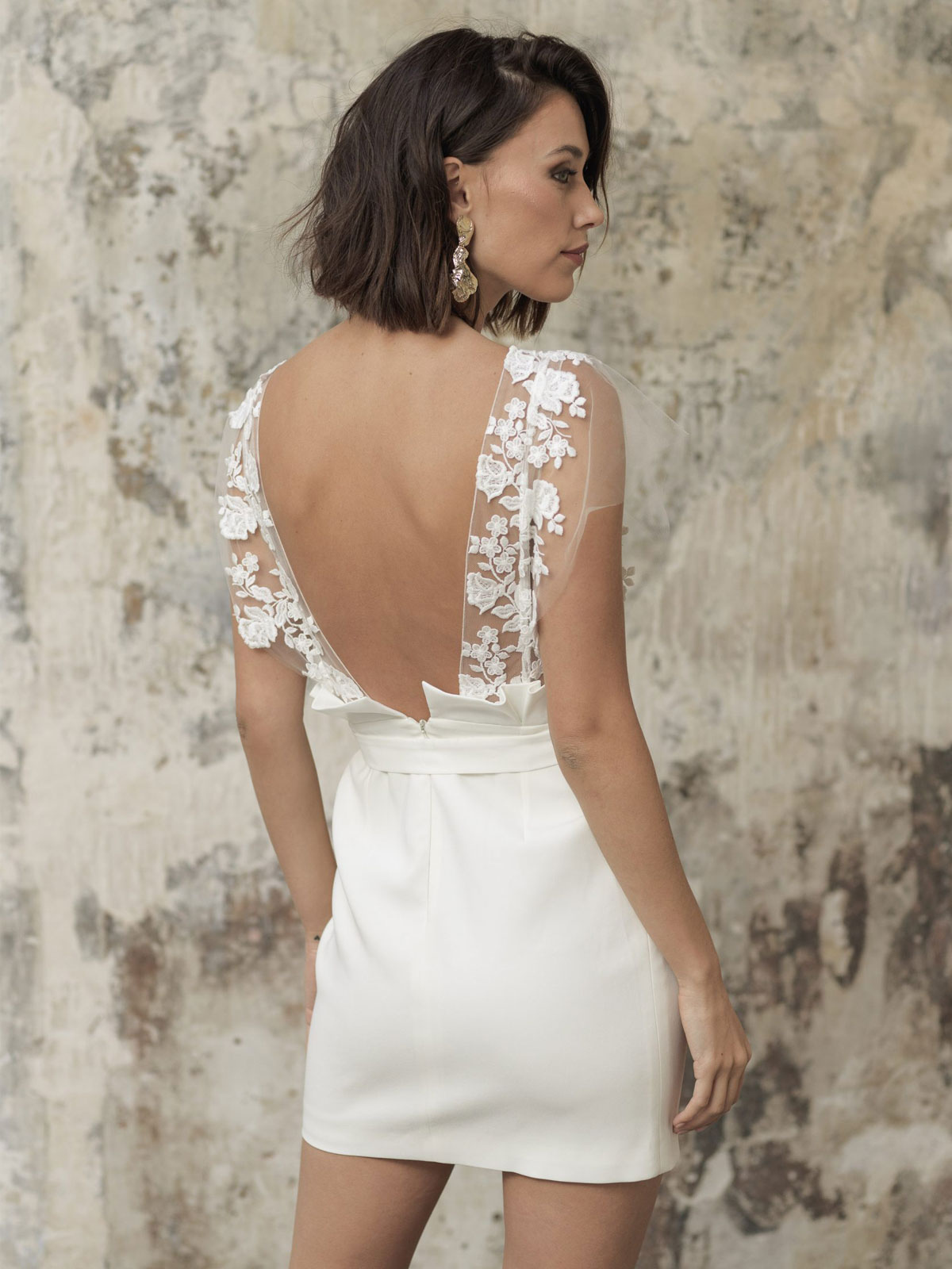 White Short Wedding Dresses Illusion Neckline Jewel Neck Short Sleeves Sheath Natural Waist Lace Bows Cut-Outs Ruffles Bridal Dresses-newarrivaldress