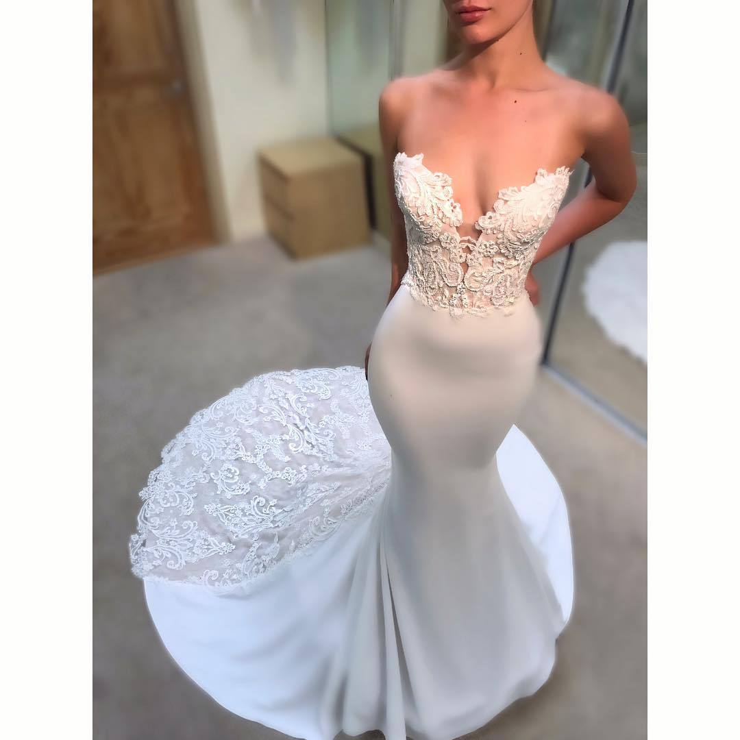 Simple Lace Appliques Mermaid Wedding Dresses | Sexy Sleeveless Long Court Train Bridal Gowns-newarrivaldress