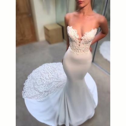 Simple Lace Appliques Mermaid Wedding Dresses | Sexy Sleeveless Long Court Train Bridal Gowns-newarrivaldress