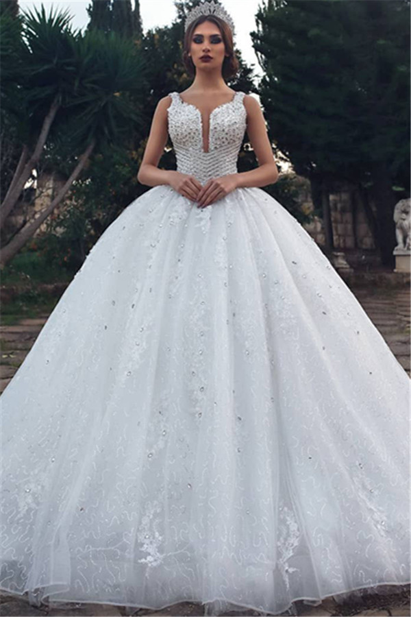 Elegant Straps Sleeveless Lace Appliques V-Neck Rhinestones Ball Gown Wedding Dresses-newarrivaldress