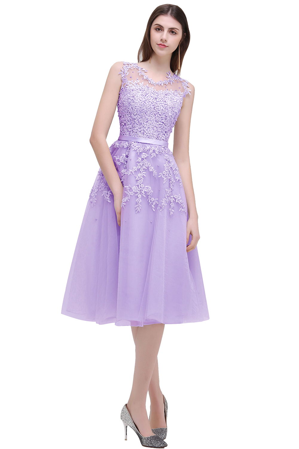 Tea-Length A-line Lace Appliques Beaded Party Dresses Sleeveless Short Homecoming Dresses-newarrivaldress