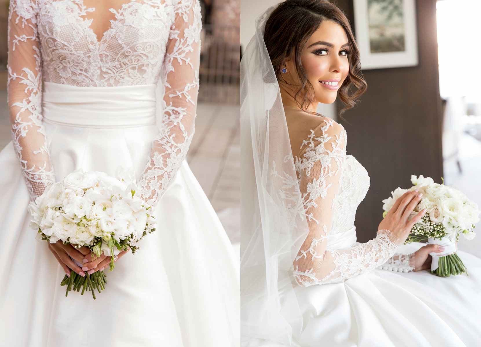 Satin Elegant A-Line Wedding Dresses Long Sleeve Lace Appliques Bridal Gowns-newarrivaldress