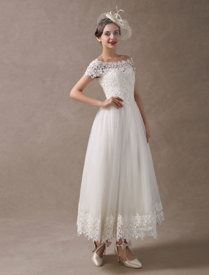 Vintage Wedding Dresses 1950S Off The Shoulder Ivory Lace Short Sleeve Ankle Length Bridal Dress Exclusive-newarrivaldress