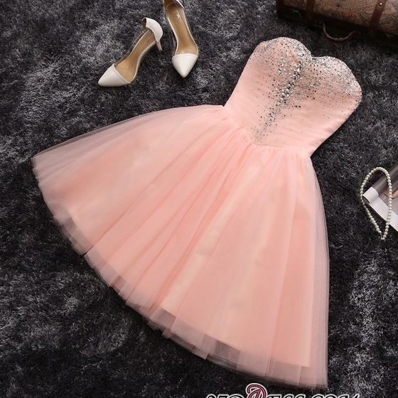 Pink Sweetheart Neck Crystals Custom Made A-line Elegant Sexy Short Homecoming Dresses-newarrivaldress