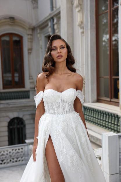 Stylish Off-the-Shoulder Tulle Lace A-line Wedding Dress with Front Slit Bridal Dress-newarrivaldress