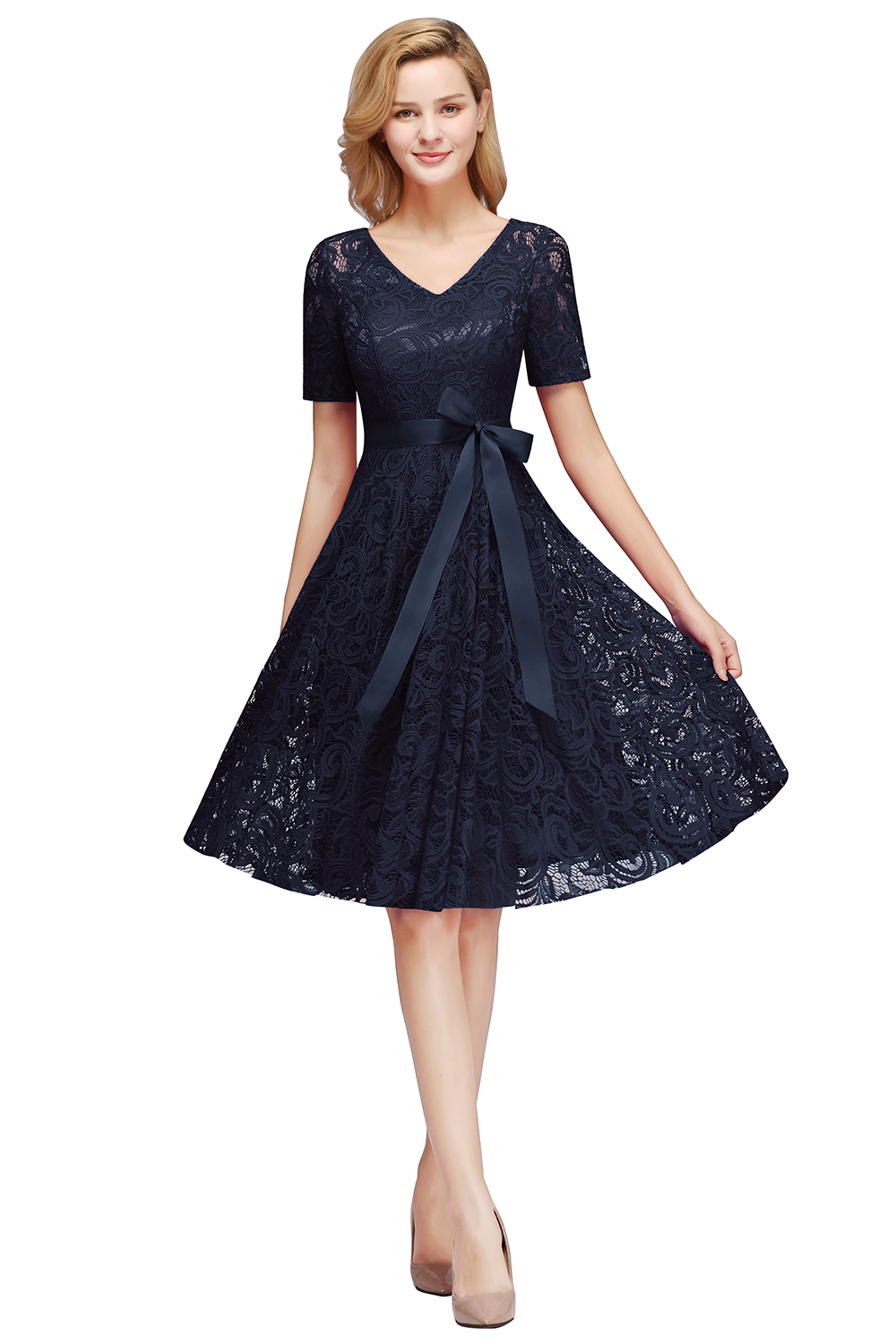 Elegant V-neck Short Sleeves Lace Dresses with Bow Sash-newarrivaldress
