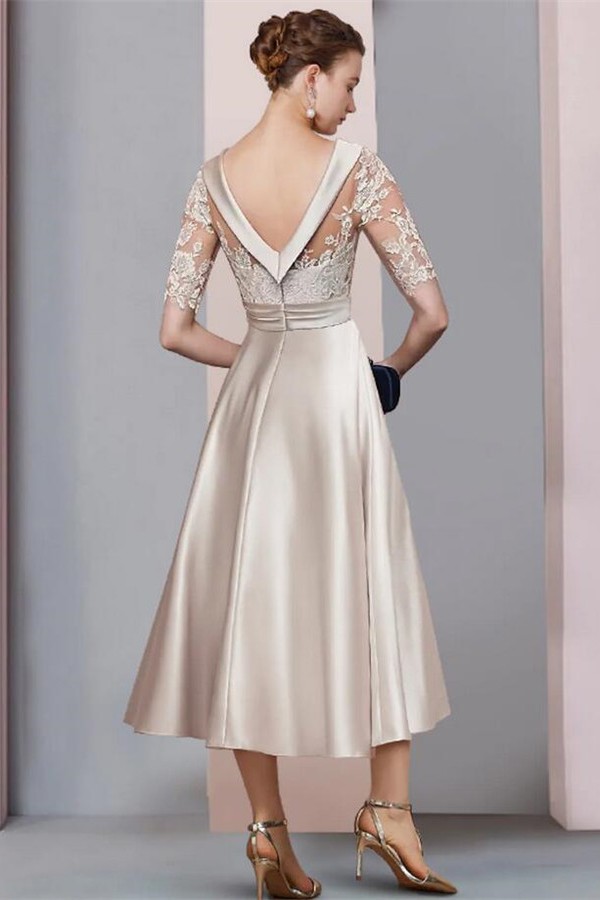 Elegant Half Sleeves Satin Mother of the Bride Dress Scoop Neck Lace Appliques Ankle Length Wedding Guest Dress-newarrivaldress