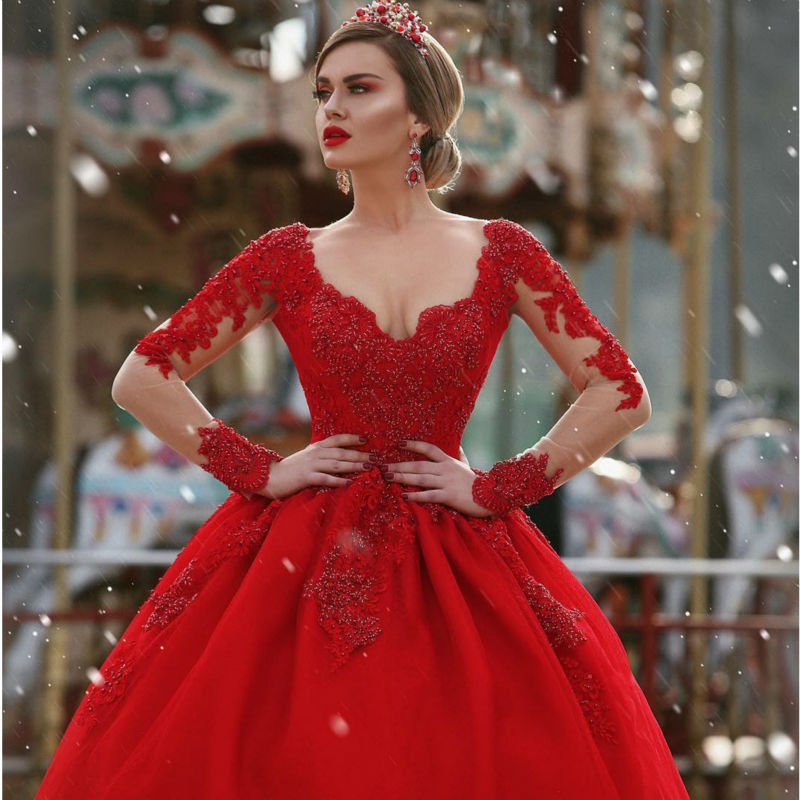 Red New Arrival Lace Appliques Wedding Dresses with Sleeves | Luxury Illusion Sexy Bridal Gowns Online-newarrivaldress