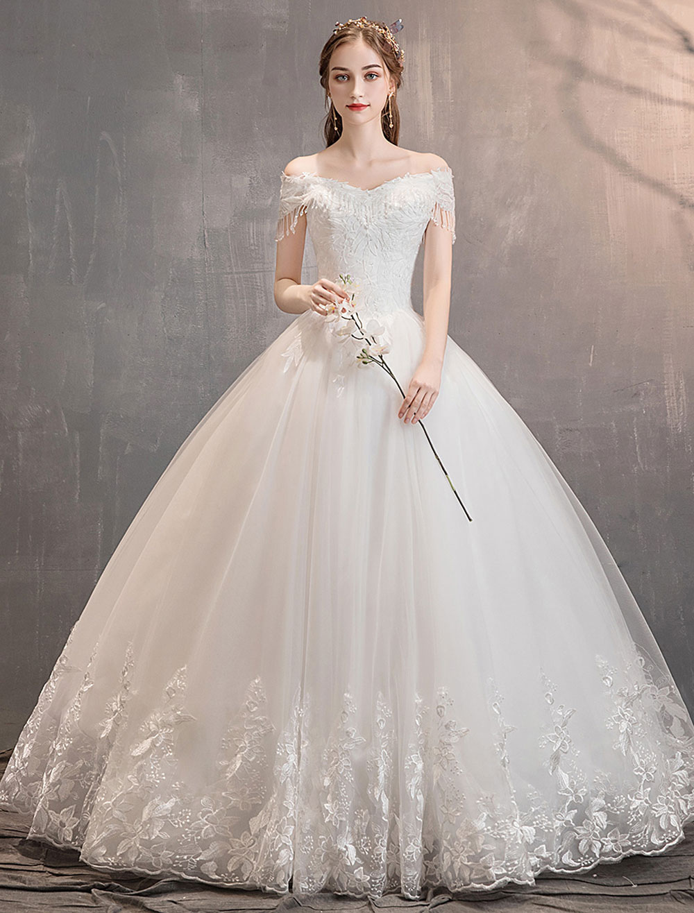 Tulle Wedding Dresses Princess Bridal Gown Off The Shoulder Lace Applique Floor Length Ball Gown Bridal Dress-newarrivaldress