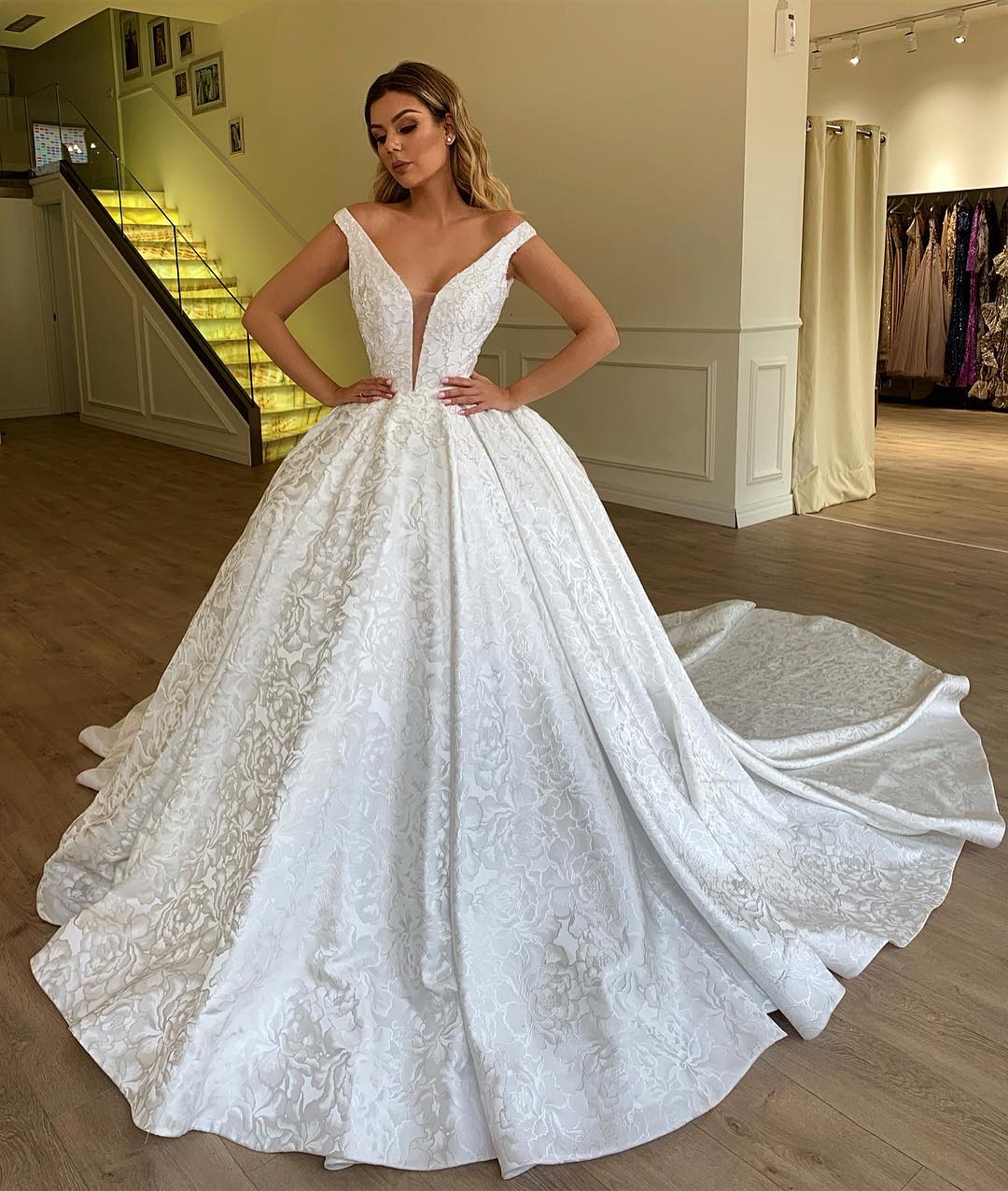 Off The Shoulder Printed Fabric Bridal Gowns | New Arrival Ball Gown Wedding Dresses-newarrivaldress