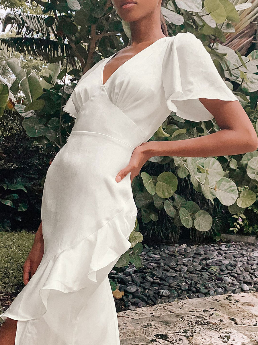 Modest White V Neck Wedding Dress Short Sleeves Ankle Length A Line Lace Engagement Dress-newarrivaldress