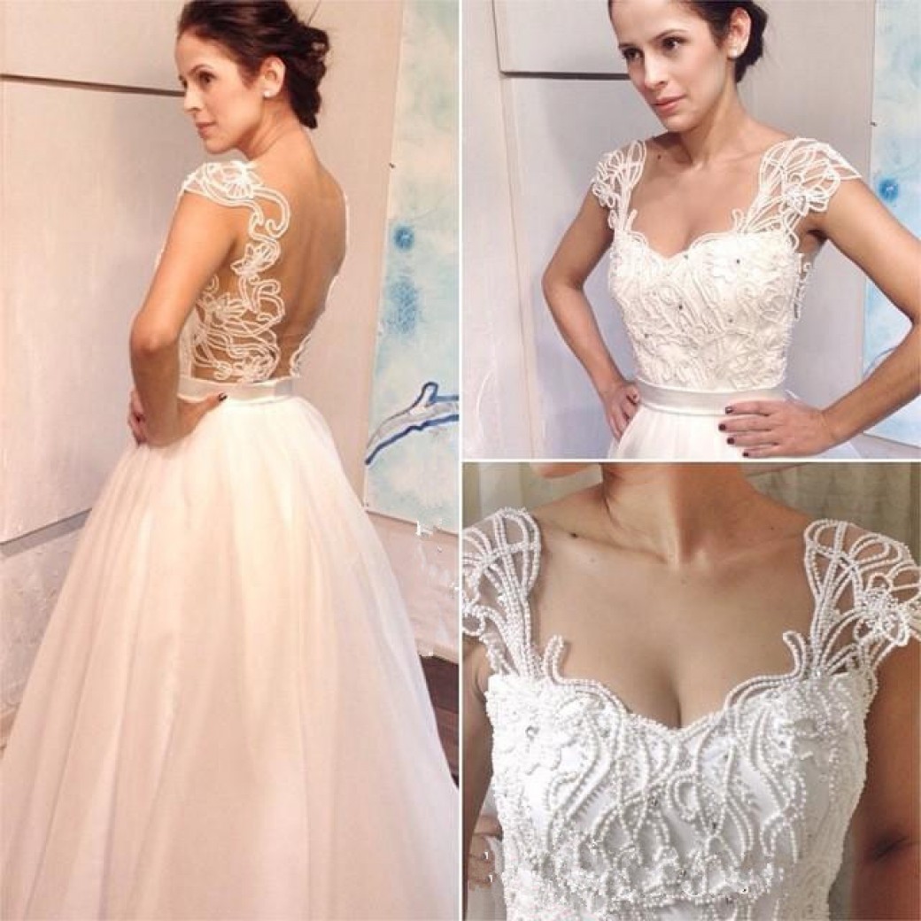 Floor Length A-line Sexy Open Back Straps Wedding Dresses with Pearls-newarrivaldress