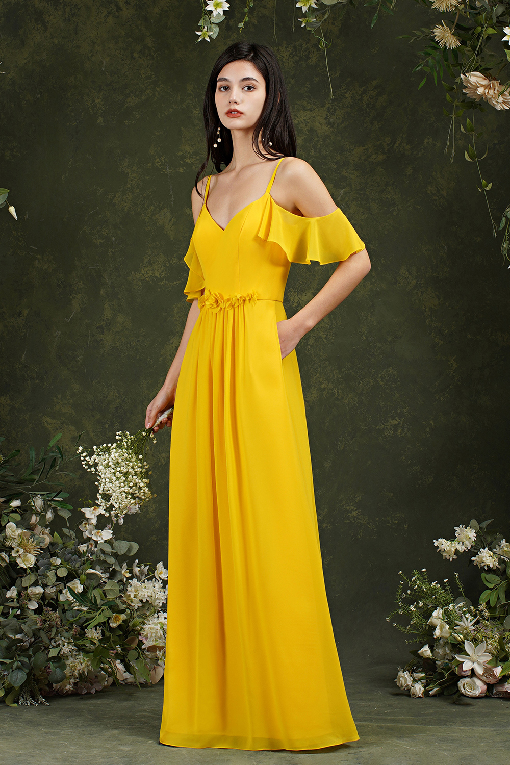 Ruffles Spaghetti Straps Chiffon Bridesmaid Dress Aline Wedding Guest Dress with Pockets-newarrivaldress
