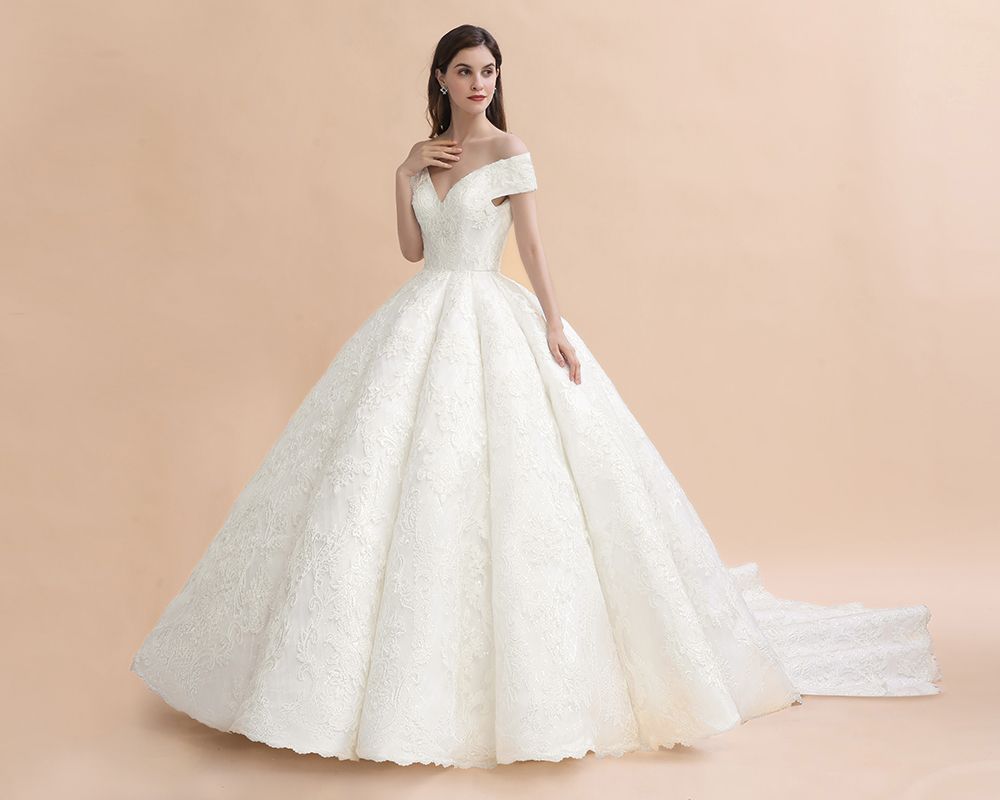 Charming Off-the-Shoulder Appliques Ball Gown Backless Sweep Train-newarrivaldress