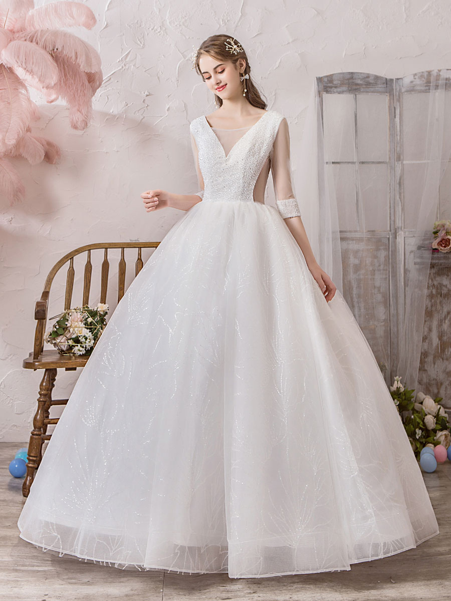Wedding Dress Princess Silhouette Floor Length V Neck Sleeveless Natural Waist Beaded Lycra Spandex Bridal Gowns-newarrivaldress