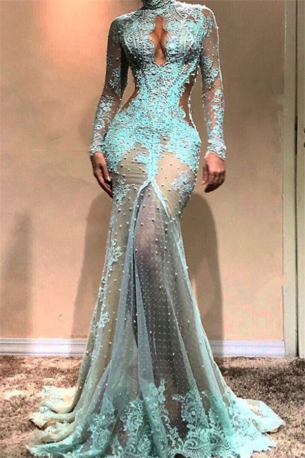 Sexy Lace Pearls Long Sleeve Evening Dress | Keyhole Evening Gown-newarrivaldress