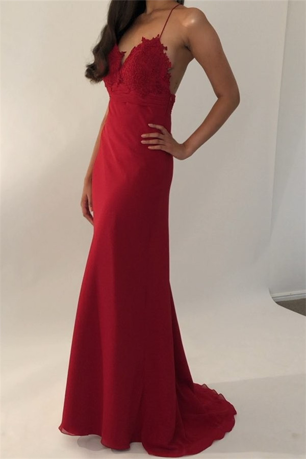 Sexy Spaghetti-Straps Appliques Backless Mermaid Prom Dresses-newarrivaldress